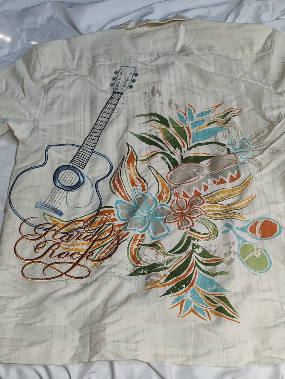 Hard Rock Cafe Cream Shirt with Blue and Brown Guitar Embroidery